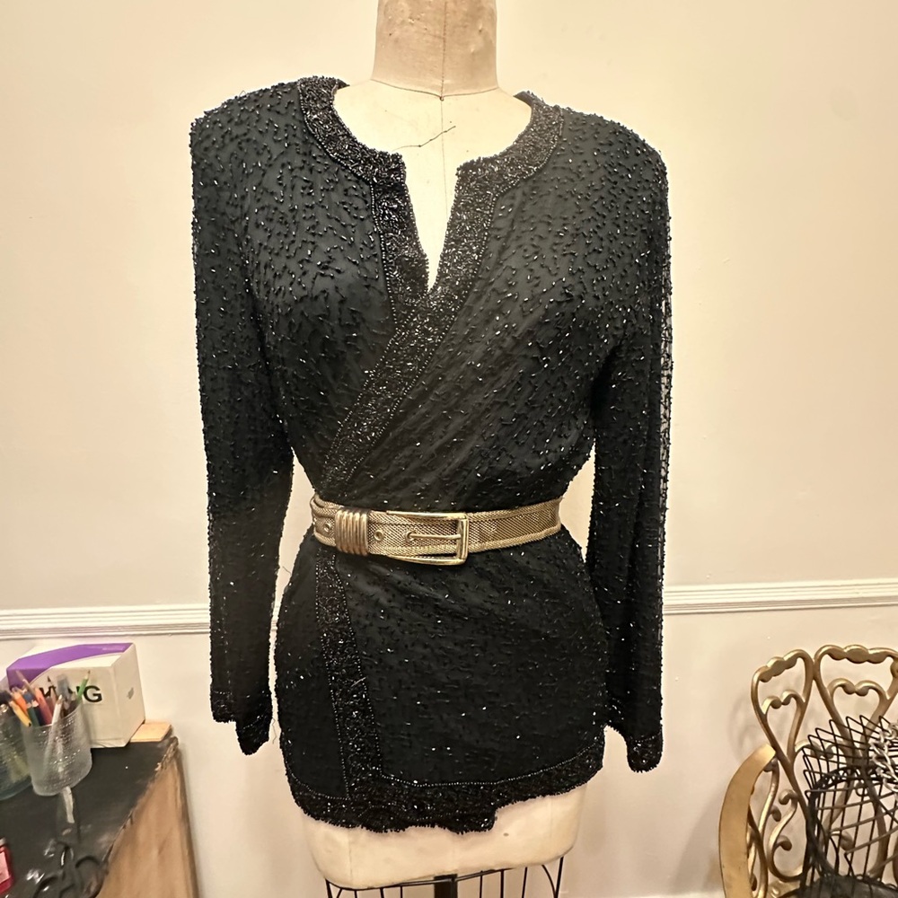 Vintage 1950s heavily beaded black cardigan or wear as wrap dress!